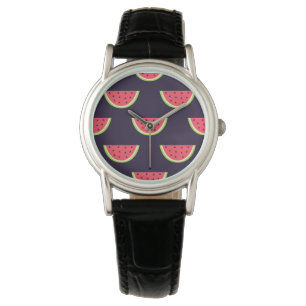 Neon Watermelon op Paars Patroon Horloge
