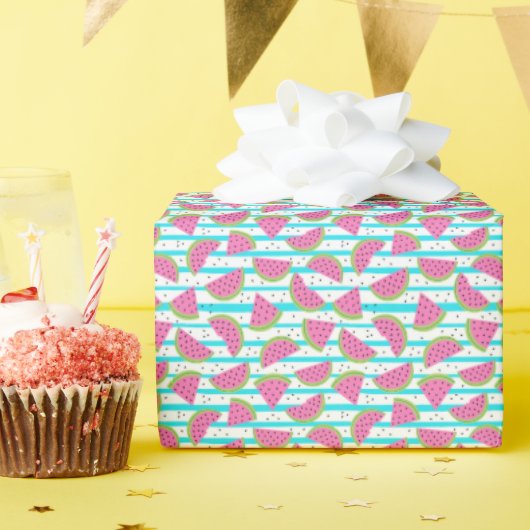 Neon Watermelon op Stripes Pattern Cadeaupapier (Verjaardagsfeest)