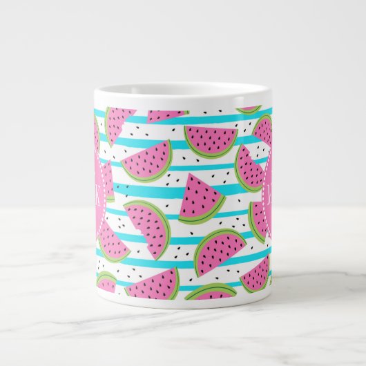 Neon Watermelon op Stripes Pattern Extra Grote Beker (Voorkant)
