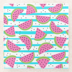 Neon Watermelon op Stripes Pattern Glazen Onderzetter