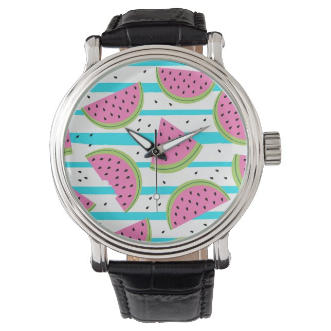 Neon Watermelon op Stripes Pattern Horloge (Voorkant)