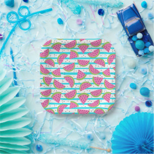 Neon Watermelon op Stripes Pattern Papieren Bordje