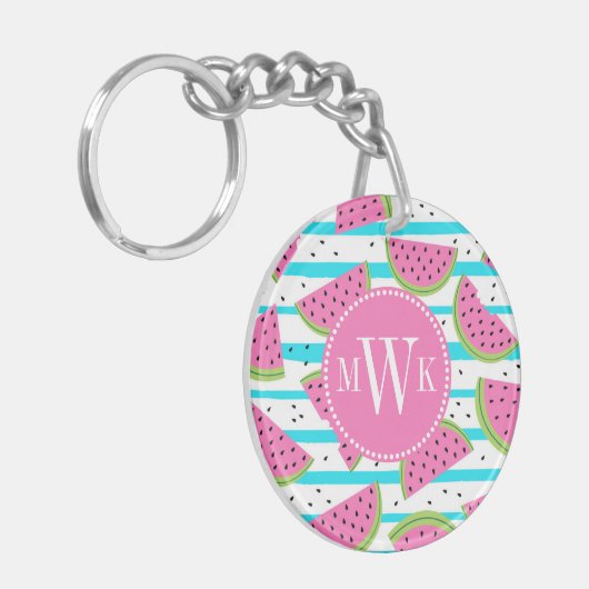 Neon Watermelon op Stripes Pattern Sleutelhanger (Voorkant Links)