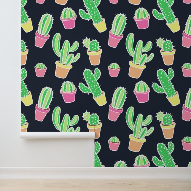 Neon Waterverf Cacti in Pots Pattern Behang (Applicatie)