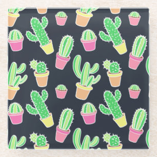 Neon Waterverf Cacti in Pots Pattern Glazen Onderzetter