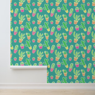 Neon Waterverf cactus in pottenpatroon Behang