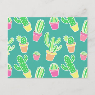 Neon Waterverf cactus in pottenpatroon Briefkaart