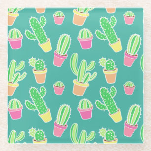 Neon Waterverf cactus in pottenpatroon Glazen Onderzetter