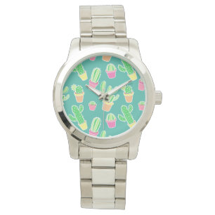 Neon Waterverf cactus in pottenpatroon Horloge