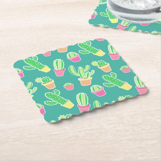 Neon Waterverf cactus in pottenpatroon Kartonnen Onderzetters (Gebogen)