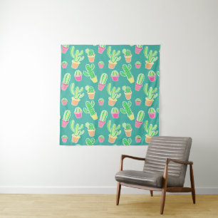 Neon Waterverf cactus in pottenpatroon Wandkleed