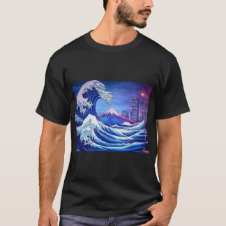 Neon Wave and Mount Fuji – Modern Ukiyo-e Cityscap T-shirt