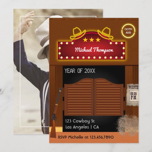 Neon Wild West Cowboy over de Graduation Party Kaart (Voorkant / Achterkant)