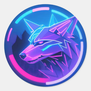 Neon Wolf Geometrische Futuristische Cyber Nacht G Ronde Sticker