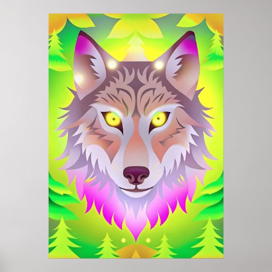 Neon Wolf in het Abstracte bos Poster (Voorkant)