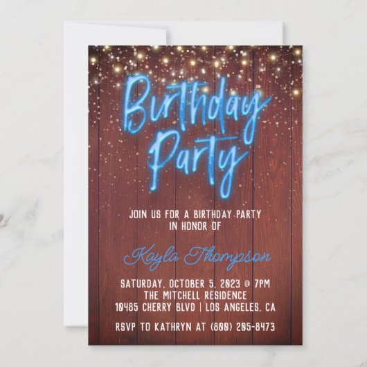 Neon Wooden Wall Anniversaire Fête Invitation (Dos)