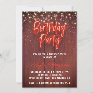 Neon Wooden Wall Anniversaire Fête Invitation