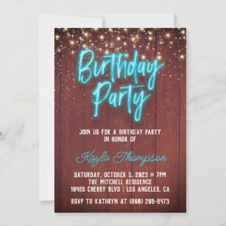Neon Wooden Wall Birthday Party Kaart