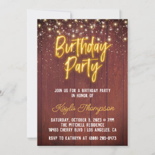 Neon Wooden Wall Birthday Party Kaart