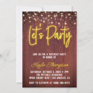 Neon Wooden Wall Let's Party Invitation Kaart