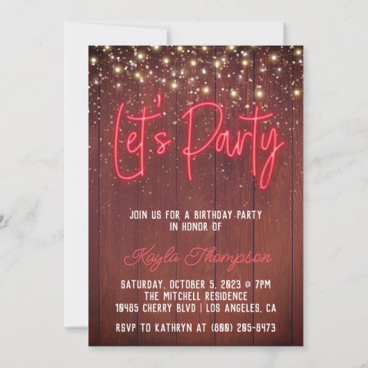 Neon Wooden Wall Let's Party Invitation Kaart (Achterkant)