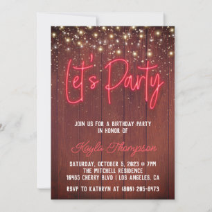 Neon Wooden Wall Let's Party Invitation Kaart