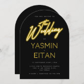 Neon Yellow Glow Script Black Arch Wedding Kaart (Voorkant / Achterkant)