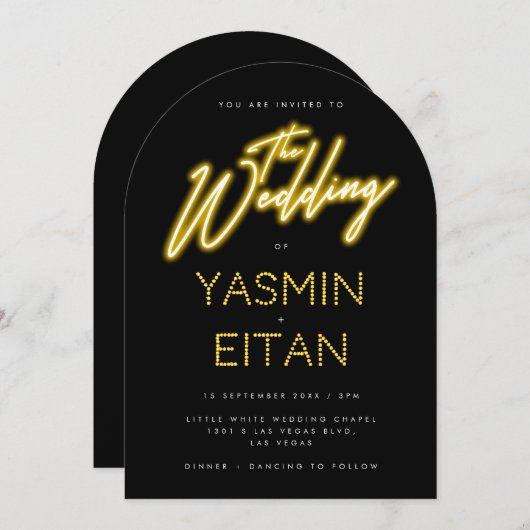 Neon Yellow Glow Script Black Arch Wedding Kaart (Voorkant / Achterkant)