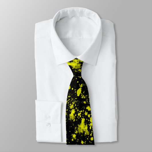 Neon Yellow Paint Splatter Monogram Retro Stropdas (Gebonden)