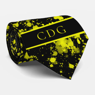 Neon Yellow Paint Splatter Monogram Retro Stropdas