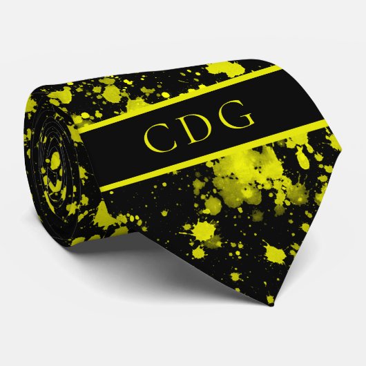 Neon Yellow Paint Splatter Monogram Retro Stropdas (Opgerold)