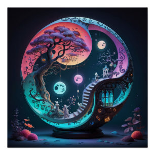 Neon Yin Yang Surreal Fantasy 1 Perfect Poster