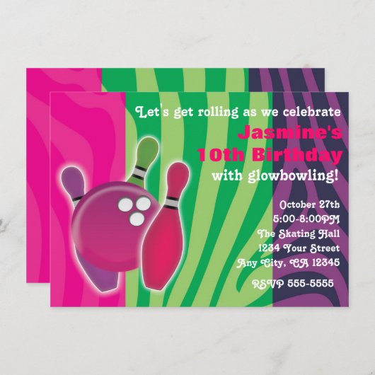 Neon Zebra Print Bowling Glow Bowl Party Uitnodige Kaart (Voorkant / Achterkant)