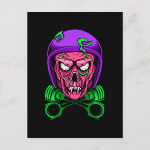 Neon Zombie Biker Schedel Kruis Zuigers Briefkaart