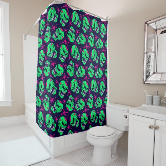 Neon Zombie Skulls Pattern Douchegordijn (In situ)