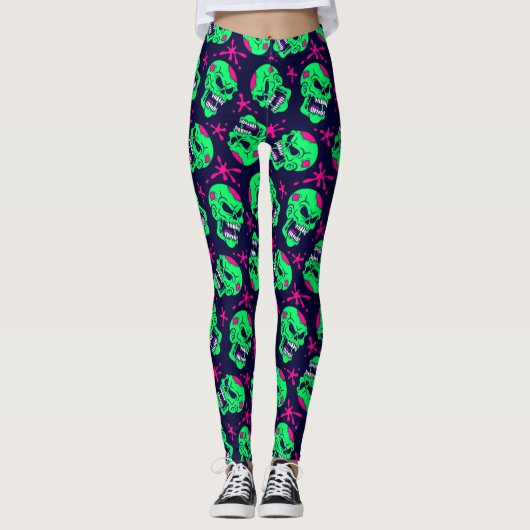 Neon Zombie Skulls Pattern Leggings (Voorkant)