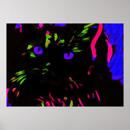 Neon zwarte kat met gloeiende ogen poster