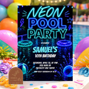Neon zwembadfeest jongen tiener uitnodiging
