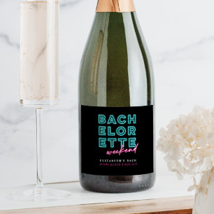 Neonblauw & Roze Meidenavakantieweekend Sparkling Wijnetiket