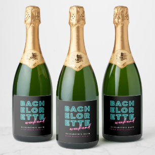 Neonblauw & Roze Meidenavakantieweekend Sparkling Wijnetiket