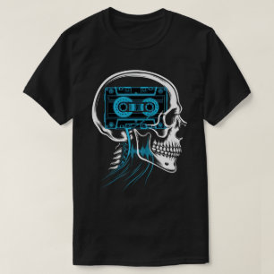 Neonblauwe Cassetteribbon Schedel Geluidsgolfkunst T-shirt