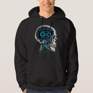 Neonblauwe Cassettespiraal Schedel Geluidsgolfkuns Hoodie