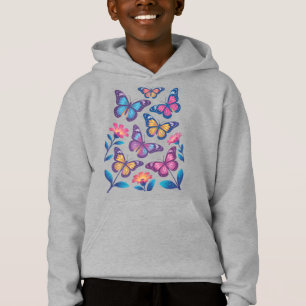 Neonbloemen met zes gloeiende vlinders