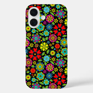 Neonkleuren Op Zwarte Retro Bloemige Naadloze Patr iPhone 16 Hoesje