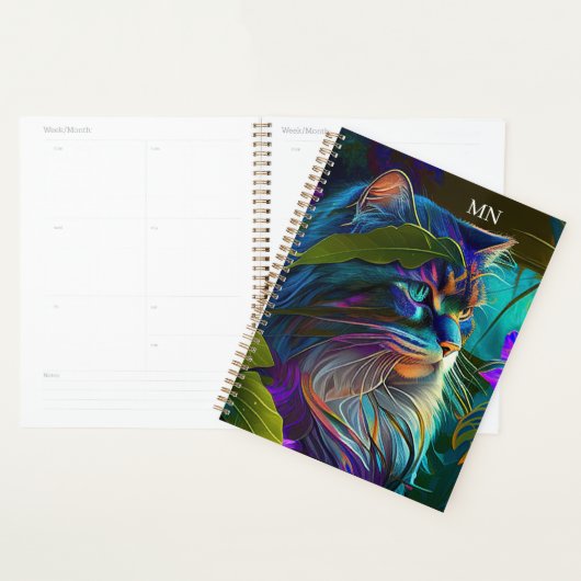 Neonkleurige kat in tropische bloemen AI kunst Planner (Display)