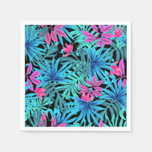 Neonroze en blauwe tropische plantenpatroon servet