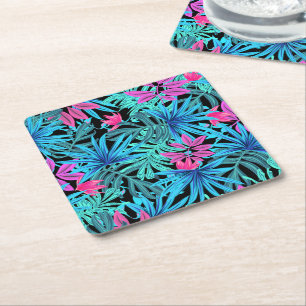 Neonroze en blauwe tropische plantenprint vierkante kartonnen onderzetter