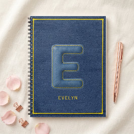 Nep Blauwe Denim 3D Geplooide Letter E Monogram Na Notitieboek