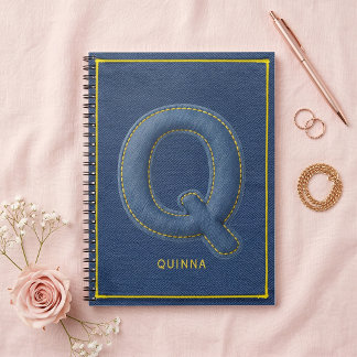 Nep Blauwe Denim Gestikte Letter Q Naam Monogram Notitieboek