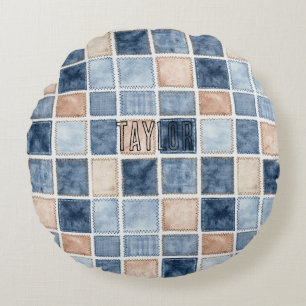 Nep Blauwe Glitter Crème Denim Rond Kussen